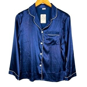 NWT Swomog Navy Blue Satin Button Up Pajama Top Size S